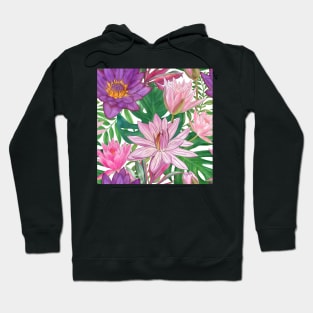 Waterlily, Monstera leaves watercolor tropical illustration. Exotic summer floral print. Colorful summer jungle Hoodie